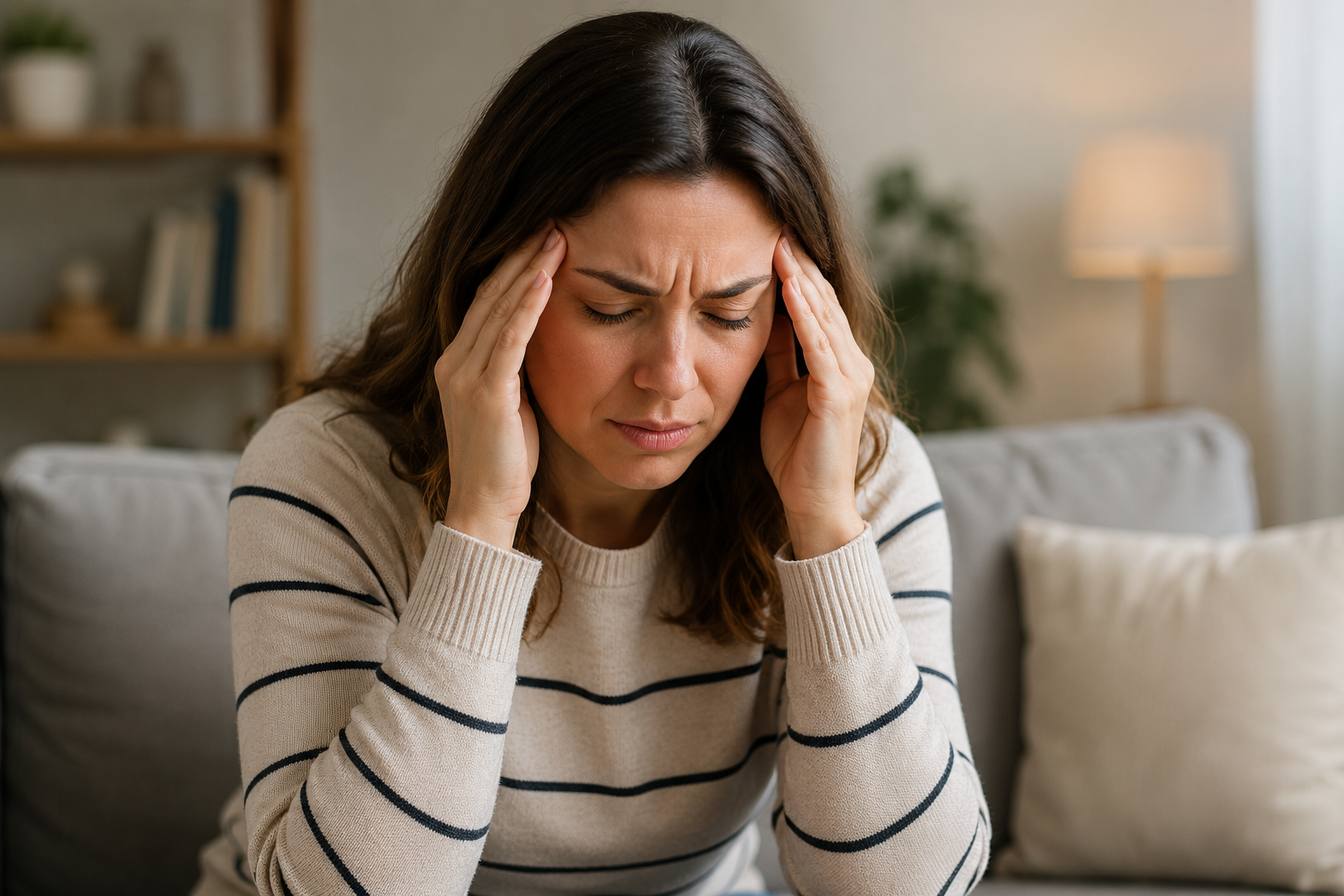 A woman sits with her eyes closed, gently pressing her temples as she experiences a migraine headache in a quiet home setting, illustrating the pain and impact of migraine symptoms.