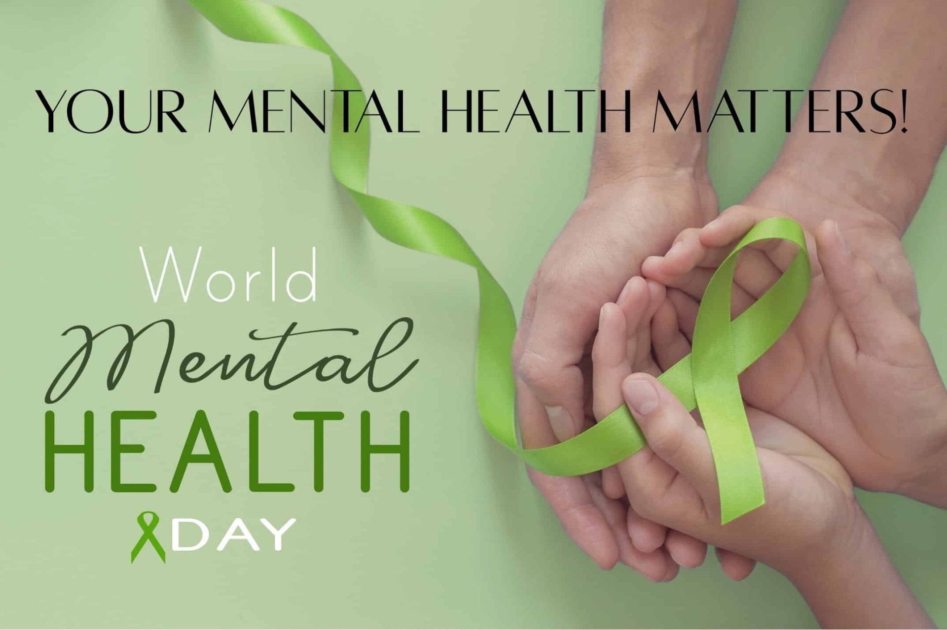 Supporting mental health awareness with green ribbon symbolism and caring hands.
